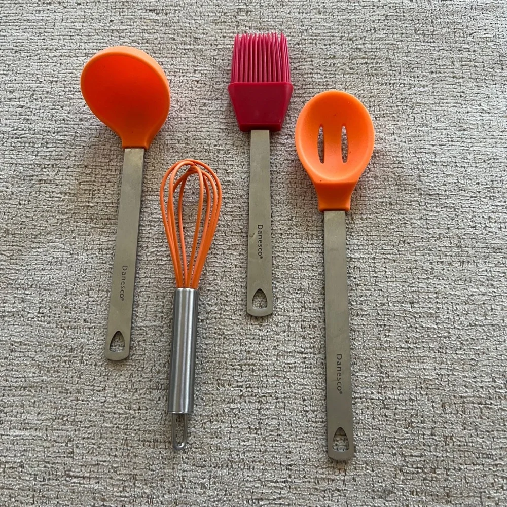 Danesco Silicone Stainless Steel 4 pc Kitchen Utensil Set Orange Red Whisk Spoon